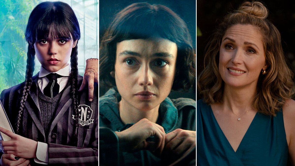 Кадры из сериалов «Чужой: Земля», «Уэнсдэй», «Платонические отношения»
