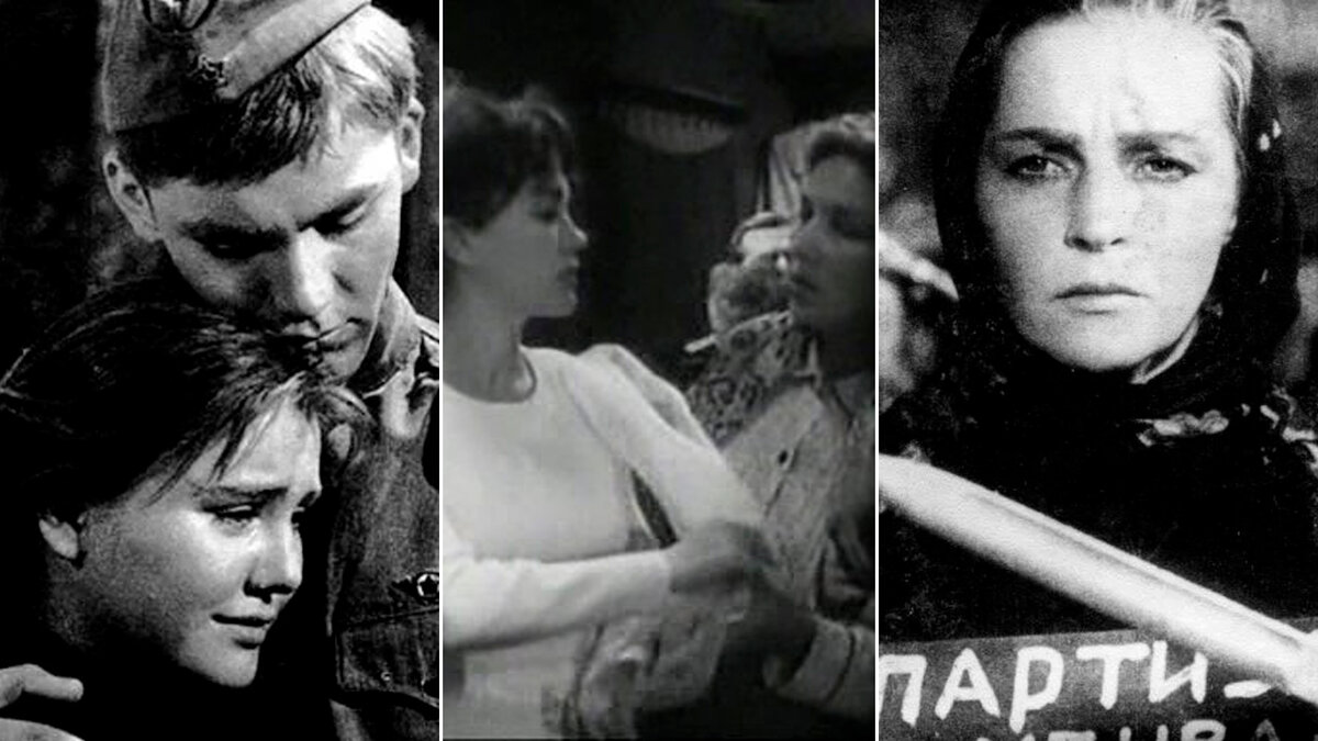 Кадры из фильмов «Баллада о солдате» (1959), «Война под крышами» (1967), «Она защищает Родину» (1943)