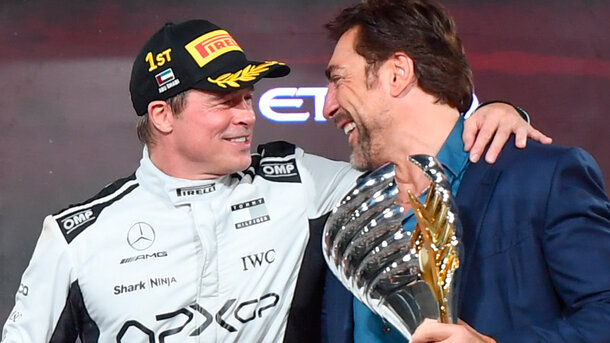 Brad Pitt Celebrates on Set of F1 Film with Javier Bardem and Real Racers