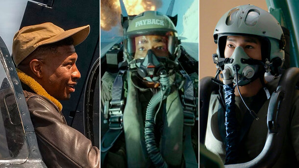 Кадры из фильмов «Двойная петля» (2022), «Топ Ган: Мэверик» (2022), «Король неба» (2023)