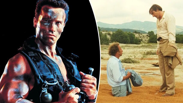 Still from the movie 'La chèvre' (1981), poster at 'Commando' (1985)