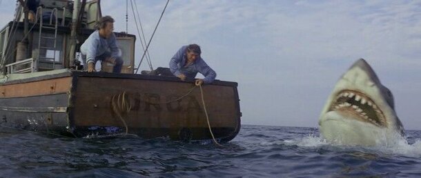 Легендарному фильму «Челюсти» Спилберга — 50 лет: 10 безумных фактов, от которых акулы покажутся не такими уж страшными Кадр из фильма «Челюсти»
